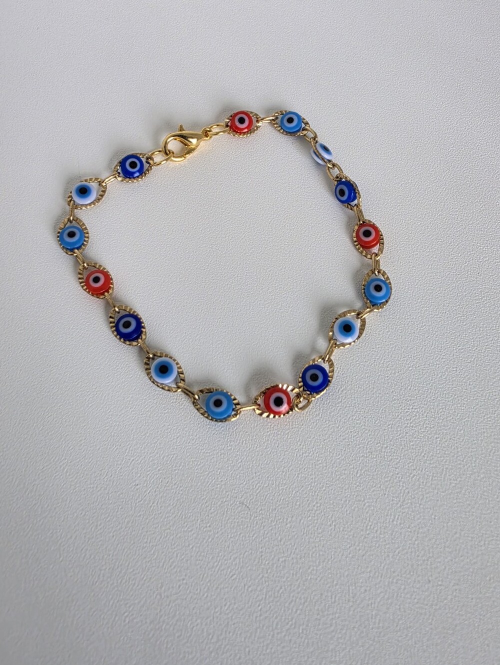Gold Tone Evil Eye Bracelet Blue Red Nazar Charm 7" Dainty Boho - Picture 5 of 5